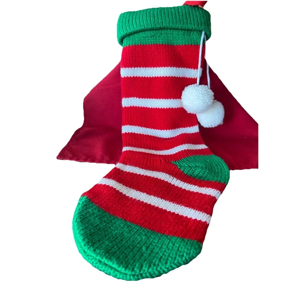Vintage Festive Red &‎ White  Striped Christmas Stocking With Pom Poms 18